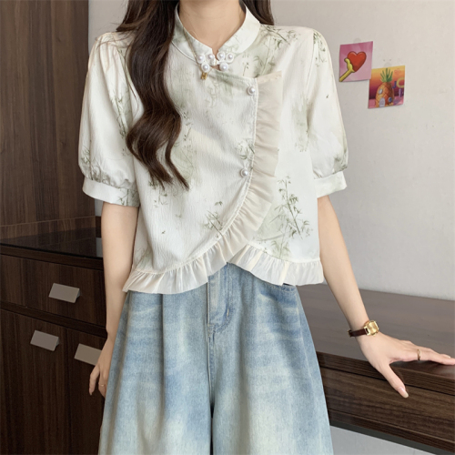 Actual shot of new Chinese style pearl button shirt design short-sleeved shirt unique short top