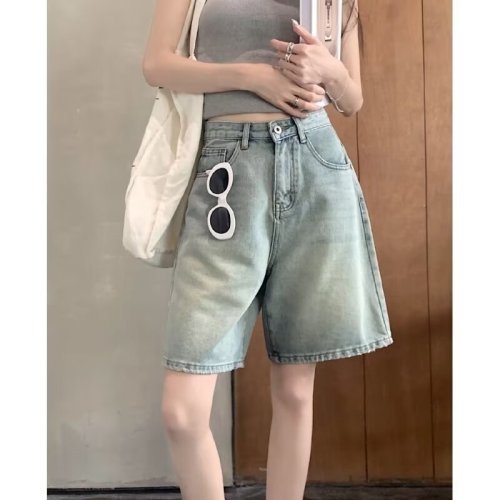 Retro cool girl ~ Retro simple trendy nostalgic French sweet washed denim basic five-point shorts