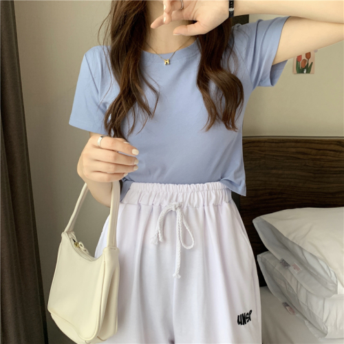 Real shot~Summer new Korean solid color basic versatile round neck T-shirt women's short-sleeved tops trendy