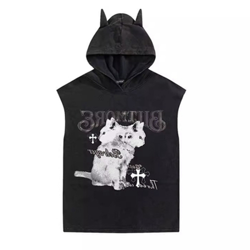 6535 stretch washed cotton dark style kitten devil hooded sleeveless T-shirt women's loose vest