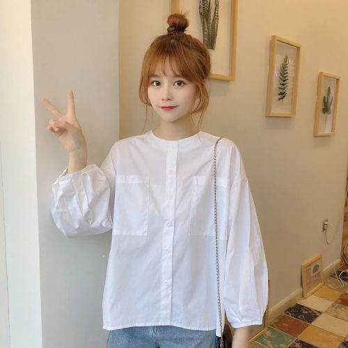 韩版 新款小清新灯笼袖宽松减龄圆领白色外穿长袖衬衫上衣女装
