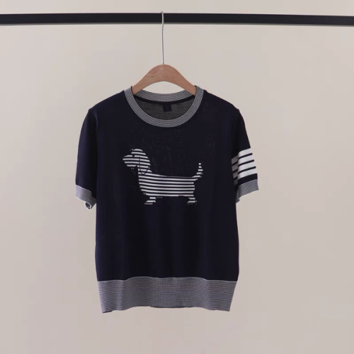 2024 new summer style neckline pinstripe color-blocking jacquard puppy short-sleeved pullover ice silk knitted T-shirt top
