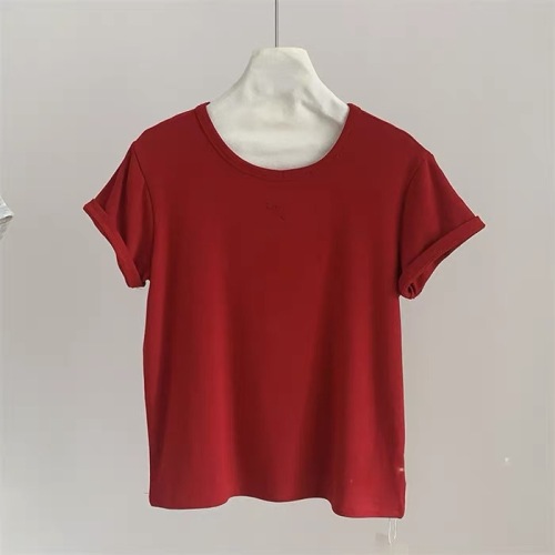蝴蝶结刺绣短袖T恤女纯色减龄短袖上衣内搭韩系叠穿红色T恤女