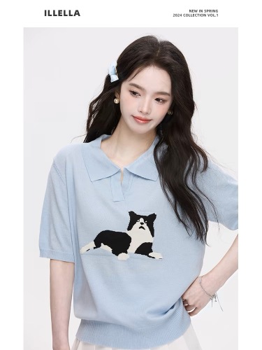 小猫针织T恤女夏季甜美修身显瘦气质百搭Polo领短袖上衣