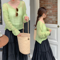 Ice Silk Knit Sun Protection Shirt for Women, Summer Outerwear with Belted Overcoat Air Conditioning Shirt Short Hollow Top for Outerwear