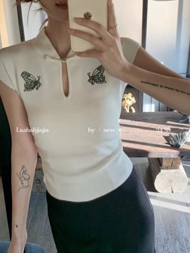 New Chinese style white embroidered hollow small flying sleeves knitted t-shirt for women summer ice silk thin slim fit top