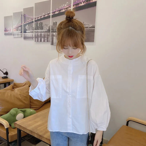 韩版 新款小清新灯笼袖宽松减龄圆领白色外穿长袖衬衫上衣女装