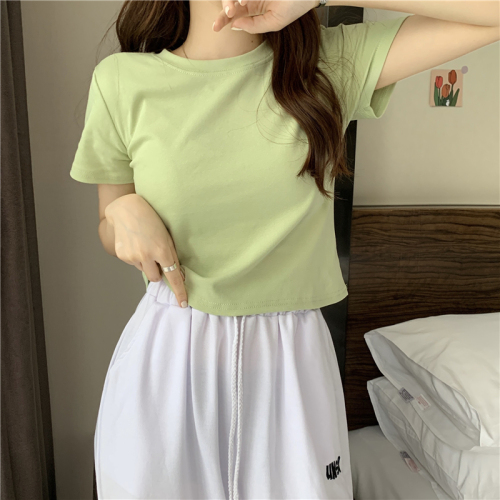 Real shot~Summer new Korean solid color basic versatile round neck T-shirt women's short-sleeved tops trendy