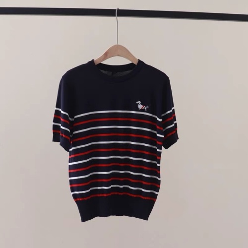 2024 new summer style navy style contrast stripe embroidered puppy round neck pullover short-sleeved ice silk knitted T-shirt top