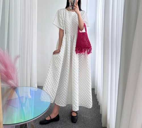 尺寸已更新 chic 韩版夏日甜美减龄圆领泡泡格时尚休闲短袖连衣裙