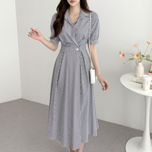 Korean chic summer new style retro elegant temperament striped shirt-style waist dress for women