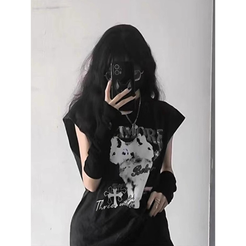 6535 stretch washed cotton dark style kitten devil hooded sleeveless T-shirt women's loose vest