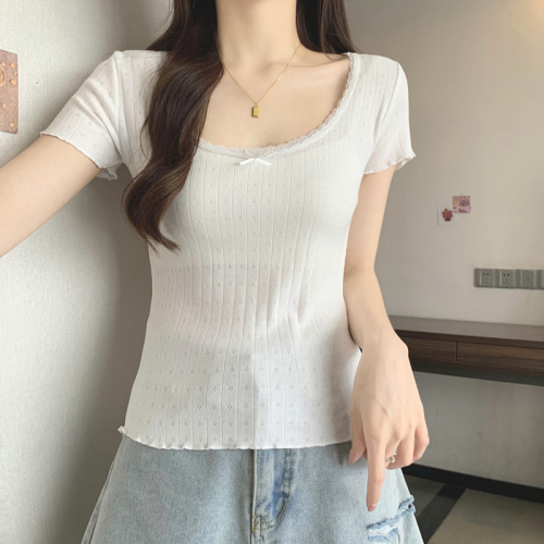 Real shot 40 count pure cotton jacquard lace 2024 summer new style lace hollow short-sleeved T-shirt for women niche