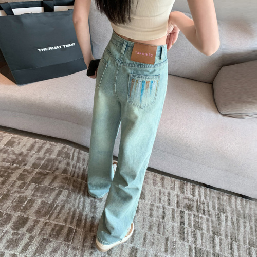 High quality 2024 spring and summer light color straight jeans for women high waist loose slimming design wide leg floor mopping pants
