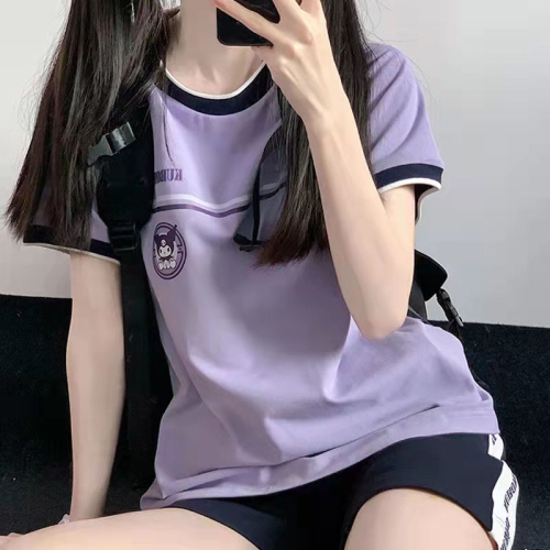 Kuromi Purple Sports Suit Women's 2024 Summer Student Casual Sportswear Short Sleeve Shorts Two-piece Set