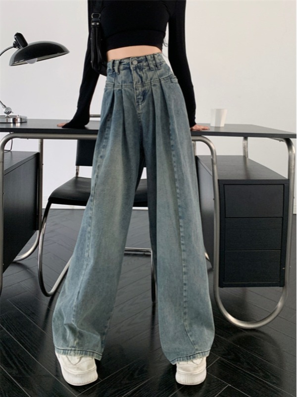 Actual shot of retro distressed high-waisted straight loose and versatile wide-leg floor-length denim trousers for women