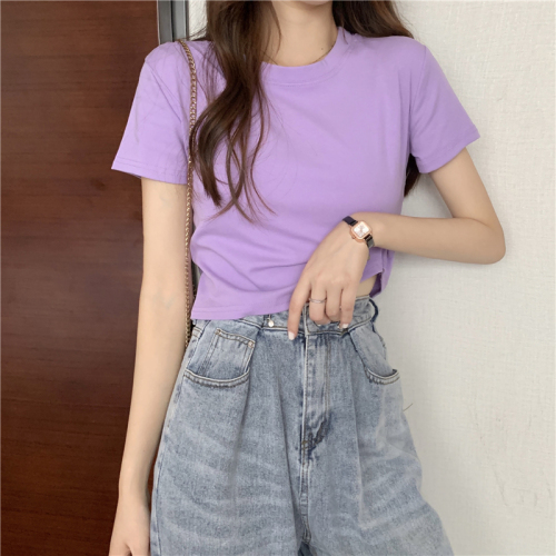 Real shot~Summer new Korean solid color basic versatile round neck T-shirt women's short-sleeved tops trendy