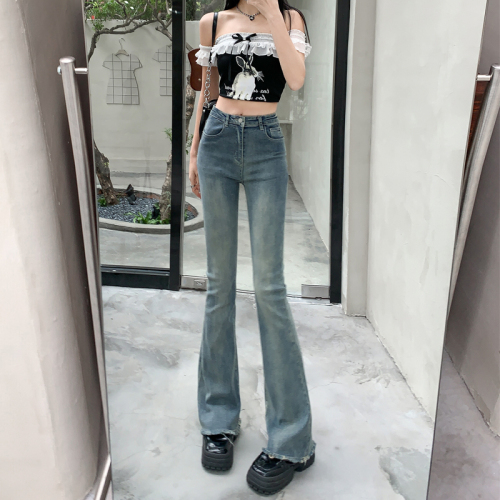 Real shot of high-quality retro laden jeans hot girl-like raw edge high-waist slim fit versatile bell-bottom pants for women