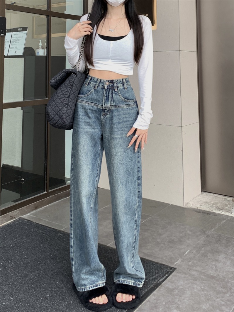 實拍復古高腰直筒牛仔褲女2024新款顯瘦百搭設計感闊腿直筒長褲子