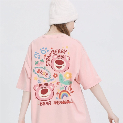 短袖t恤女美式 2024夏季新款粉色半袖体恤小众设计感圆领上衣潮牌
