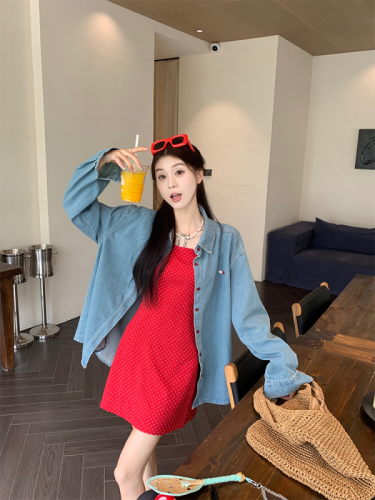 Real shot of Korean chic summer girl red polka dot suspender dress suit