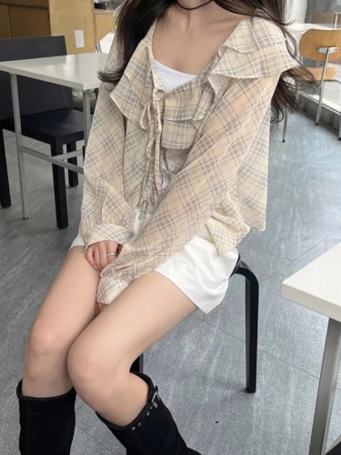 韩国chic春夏新款法式复古格子荷叶边系带雪纺衫