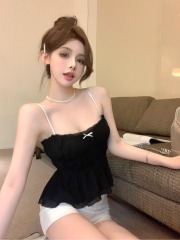 實拍 夏季新款女裝性感露背小蝴蝶結飾紋理吊帶上衣