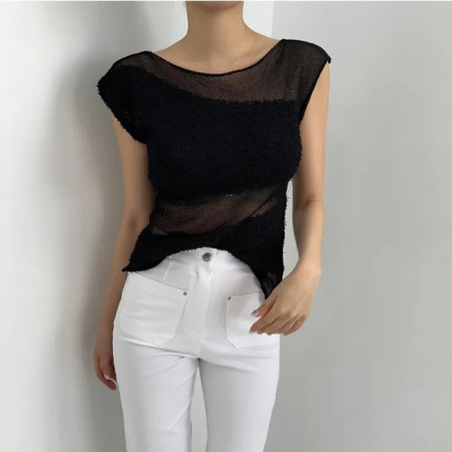 24 Summer Korean high-end irregular and chic top and vest design spliced ​​thin ice silk sweater 7508