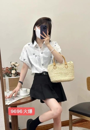 European bow printed short-sleeved shirt for women 2024 summer new design sweet shirt loose casual top