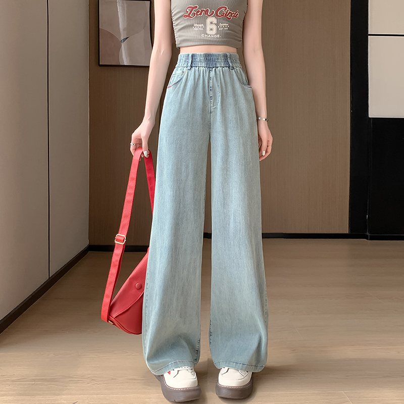 Real shot of Tencel jeans women's summer thin 2024 high-waist slim drape straight narrow version ice silk wide-leg pants