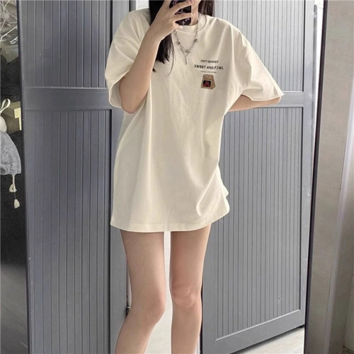 2024 Summer Small Loose Cotton Right Shoulder Short Sleeve T-Shirt Women's Versatile Oversize Covering Flesh Slimming Top