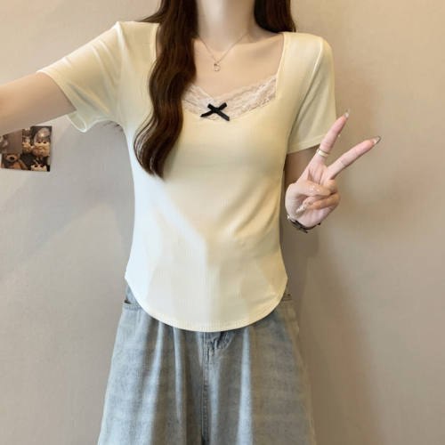实拍#纯棉 2024夏装蕾丝蝴蝶结短袖T恤女小众上衣