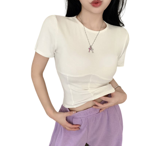 Real shot of summer retro pure cotton right-shoulder short-sleeved T-shirt for women with niche slimming short-sleeved hot girl top