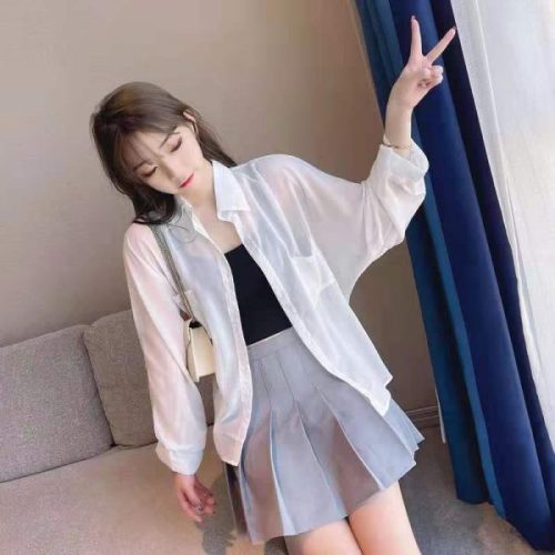 Korean women's loose and versatile chiffon shirt sun protection top with bat sleeve cardigan