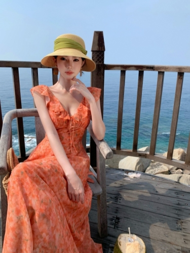 实拍新款海岛热恋海边度假风碎花连衣裙