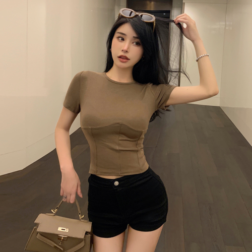 Real shot of summer retro pure cotton right-shoulder short-sleeved T-shirt for women with niche slimming short-sleeved hot girl top