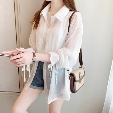 2024 Summer New Korean Style Loose Slim Sun Protection Shirt Top Bow Tie Long Sleeve Chiffon Shirt