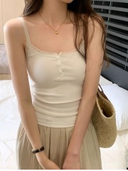 紐扣蕾絲冰絲吊帶背心女2024春夏新款文胸一體純欲風V領打底內搭