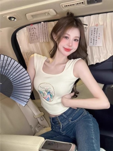 新中式重工刺绣手露背紧身短款打底背心女复古外穿T恤设计感上衣