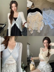Real shot French style V-neck sweater with lace stitching, slim fit and thin sun protection cardigan top