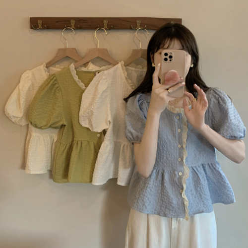 实拍 新款 韩版少女感蕾丝边泡泡袖娃娃衬衫短袖上衣