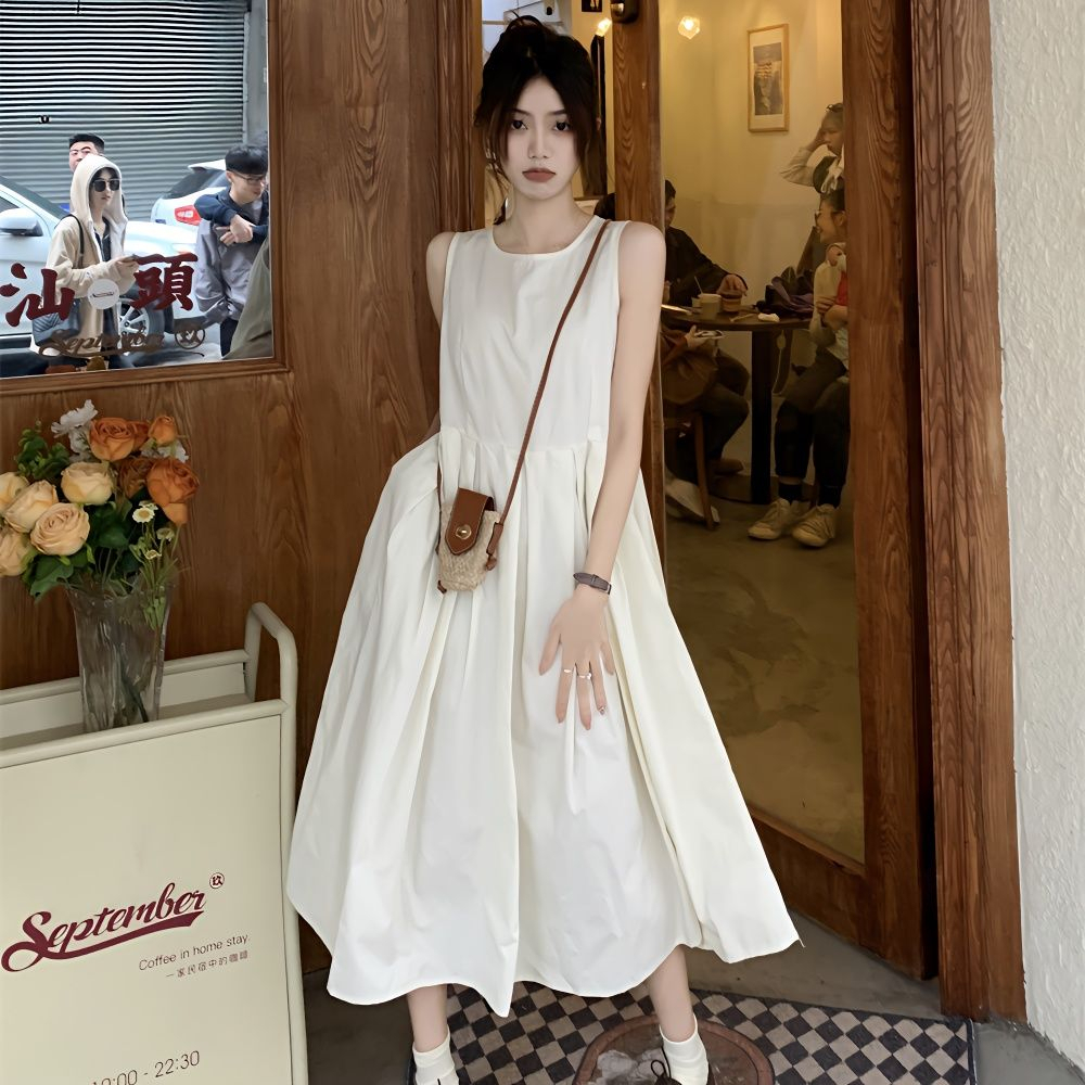 Lower zipper Korean new style women's tea break French white sleeveless dress small slim vest skirt