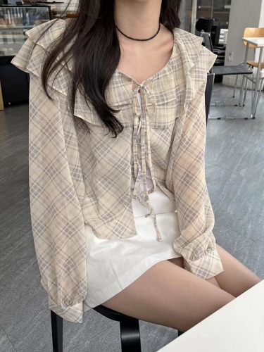 韩国chic春夏新款法式复古格子荷叶边系带雪纺衫