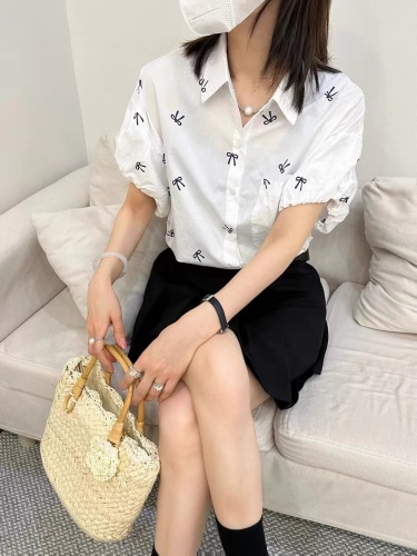 European bow printed short-sleeved shirt for women 2024 summer new design sweet shirt loose casual top