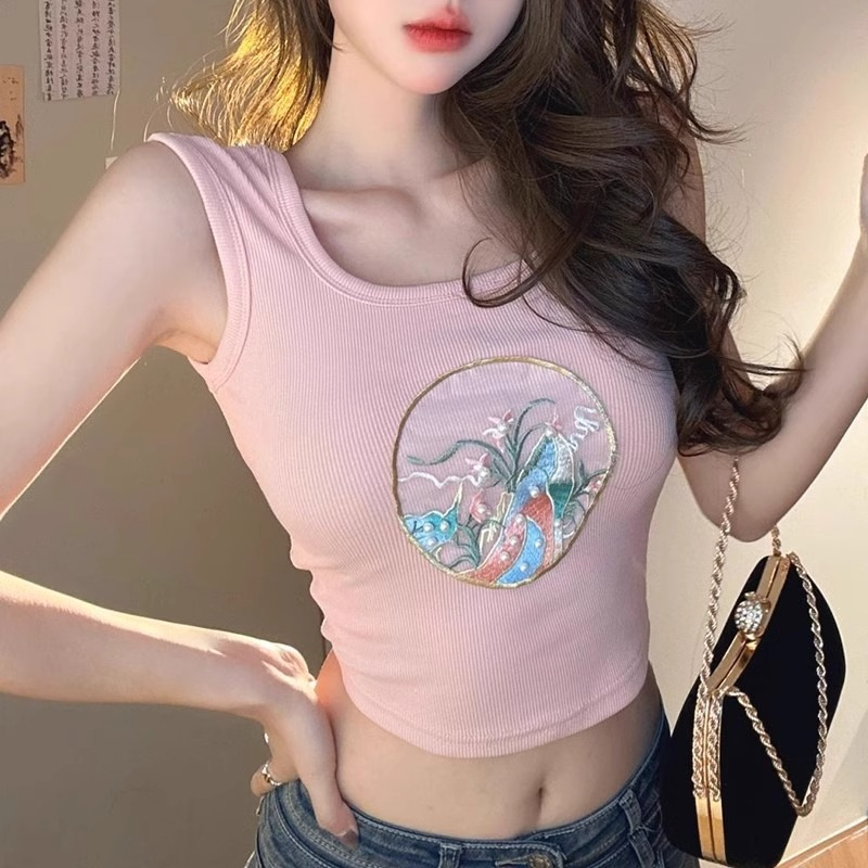 新中式重工刺繡手露背緊身短款打底背心女復古外穿T恤設計感上衣