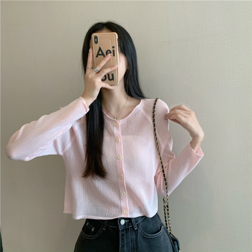 Real shot of candy-colored slightly see-through slim-fitting long-sleeved knitted cardigan for women thin sunscreen air-conditioned top jacket
