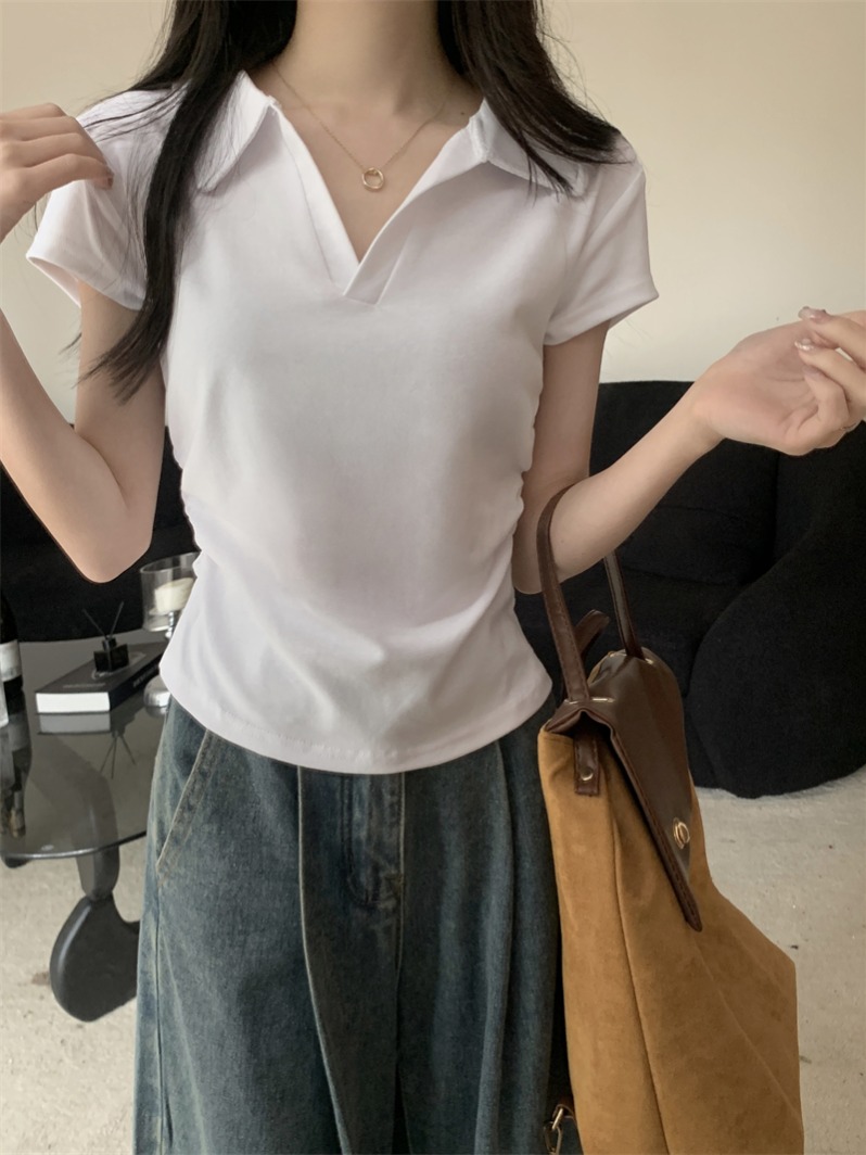 實拍  夏季新款polo領收腰設計感短袖T恤上衣