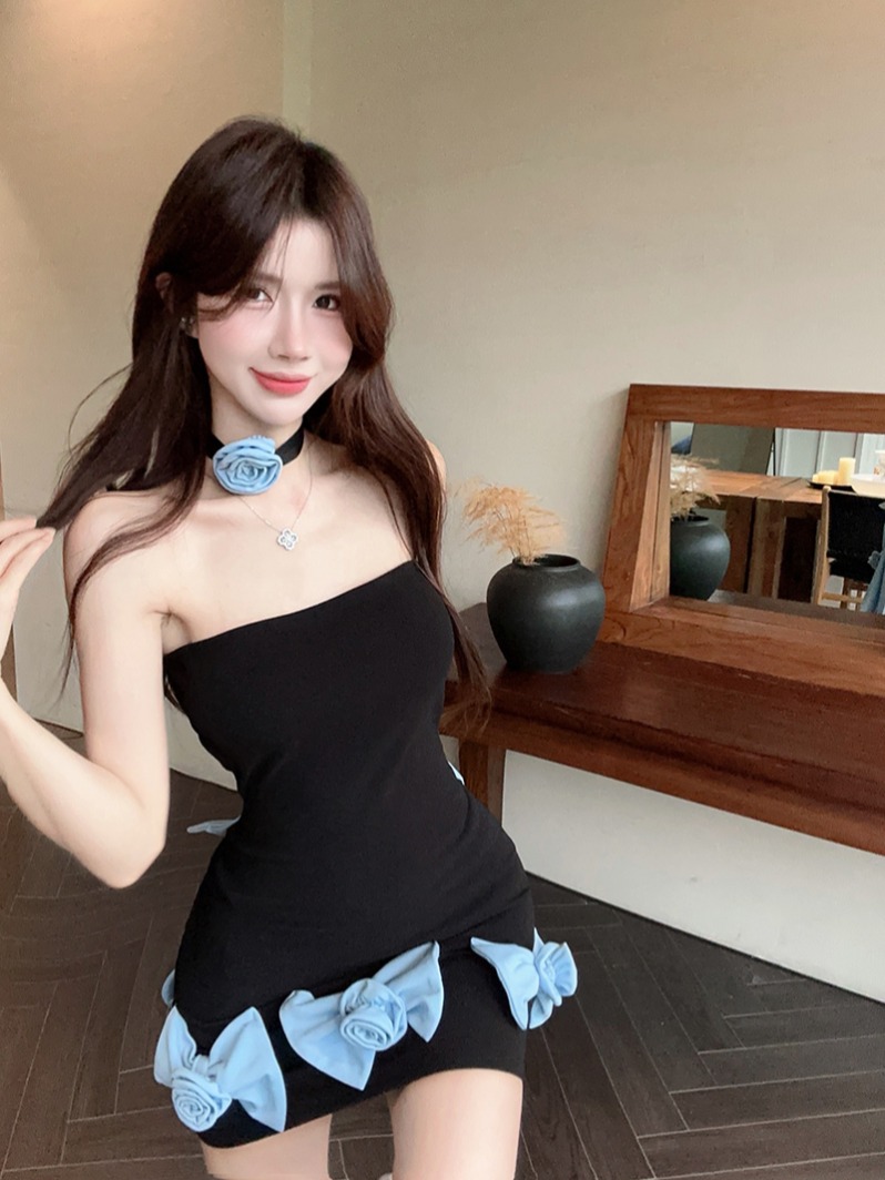 實拍！齡撞色蝴蝶結抹胸連衣裙女鏤空露背顯身材短裙2502