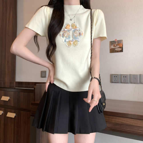 新中式刺绣短袖T恤女夏季小众设计感半高领宽松短款上衣