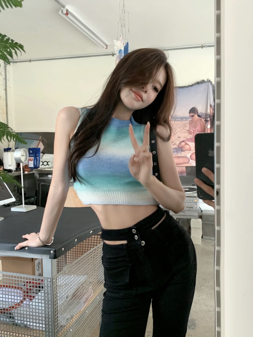 實拍 新款韓版扎染漸變辣妹露背修身顯瘦短款背心女
